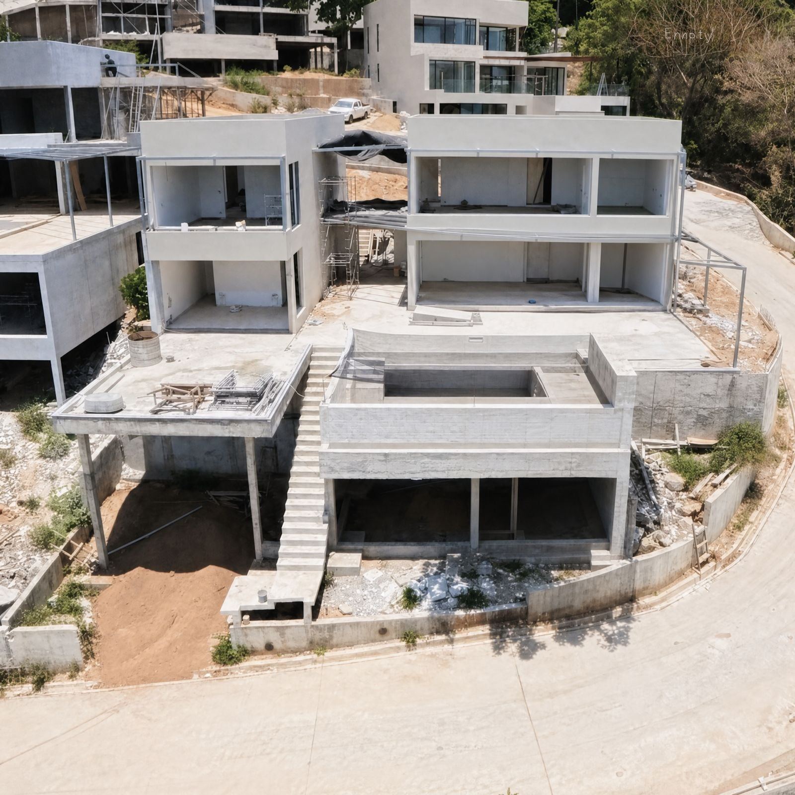 Villa Frequency during construction: concrete shell on the hillside, seen from above