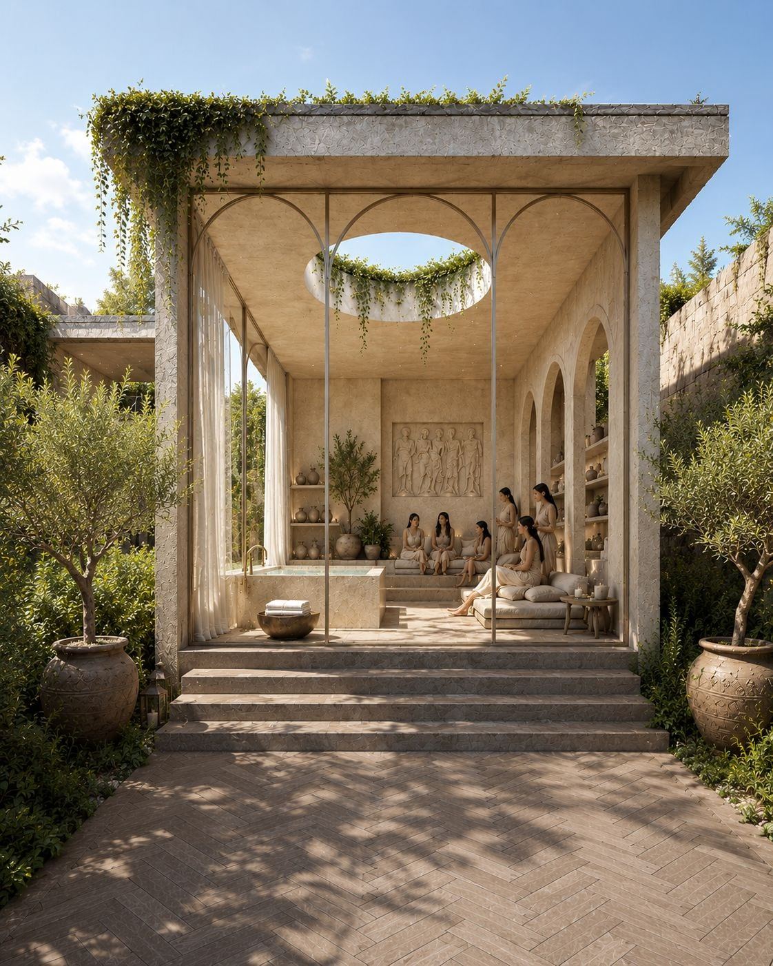 Entrance pavilion of Villa Frequency with stone columns and planting