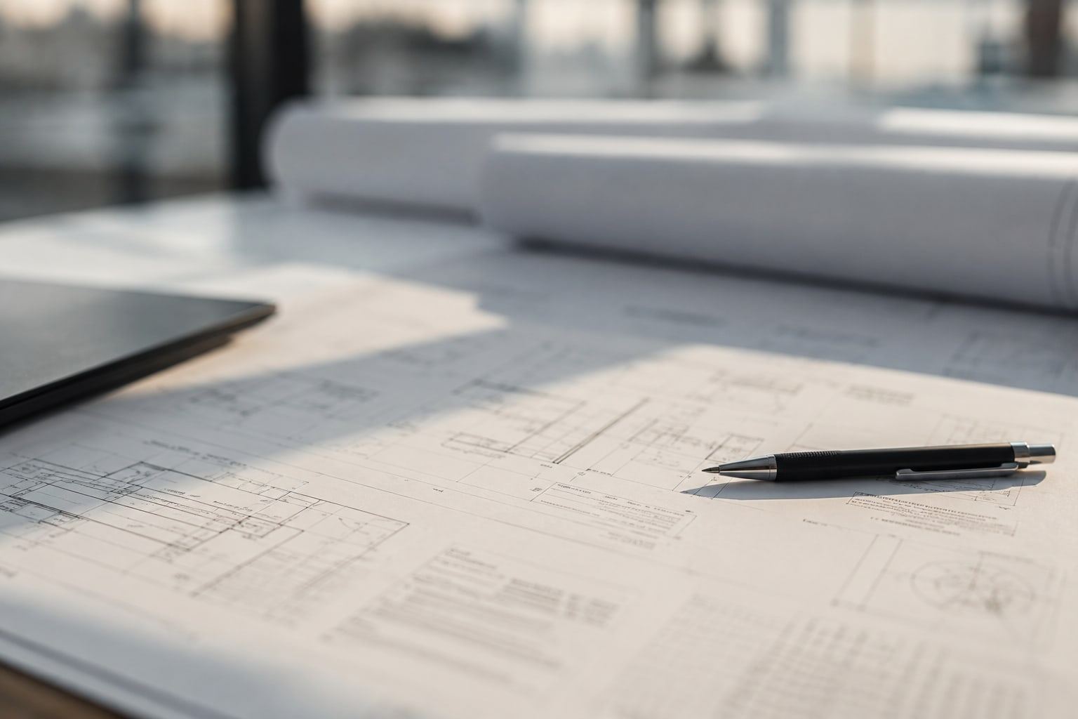 Rolled-out construction drawings and a pen on a table in soft daylight
