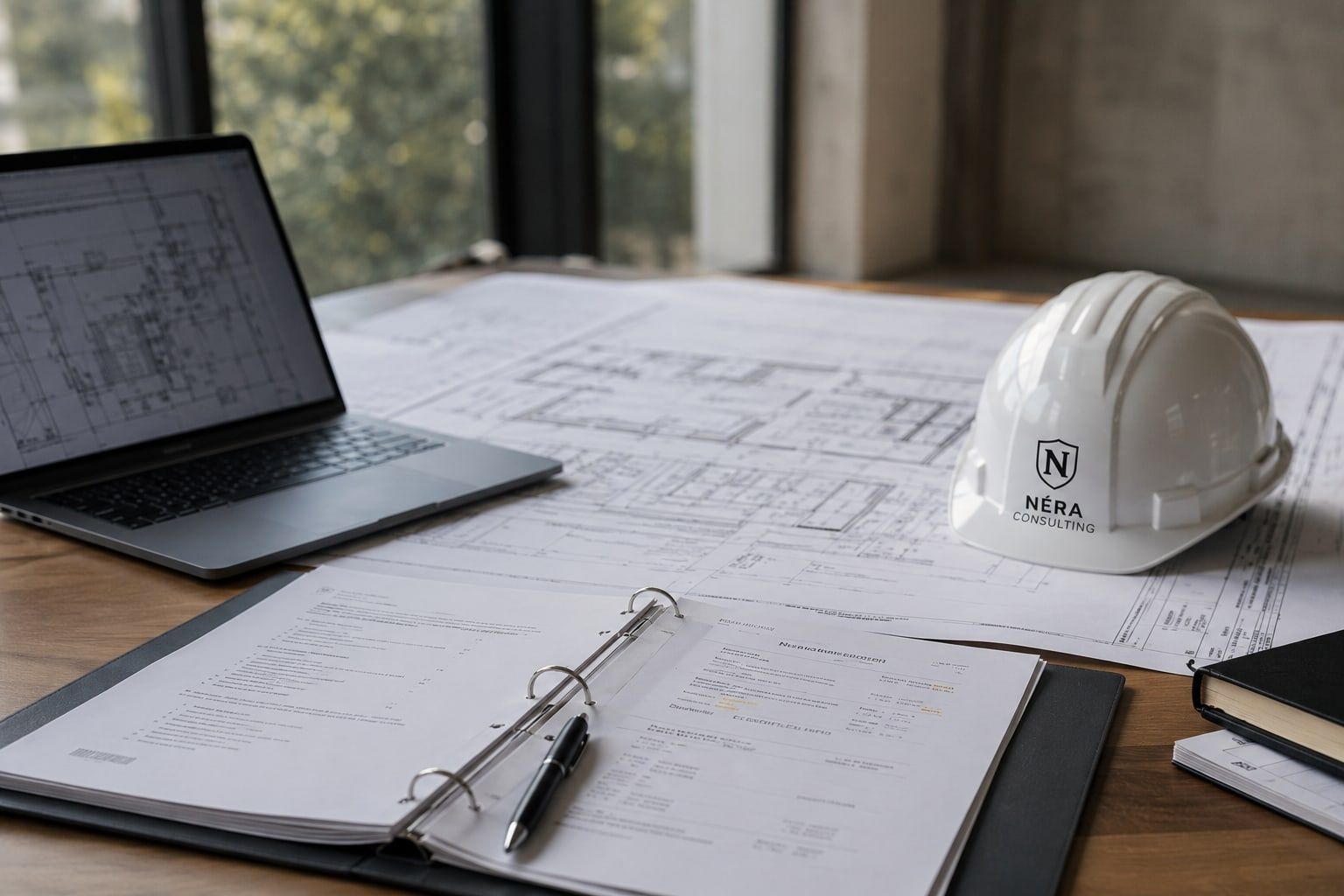 Construction drawings, a laptop, a ring binder and a white NÉRA safety helmet on a desk
