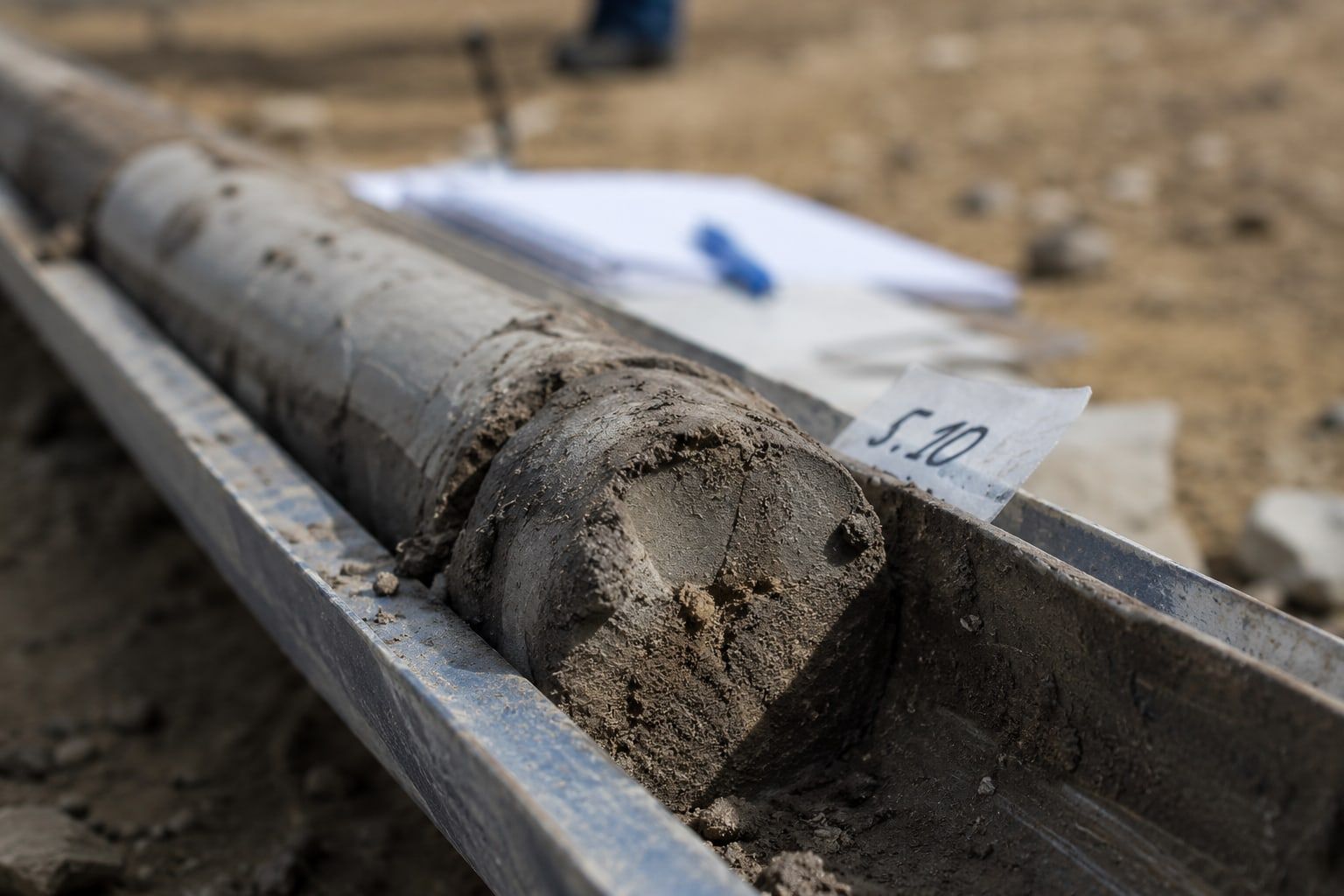 Soil core sample lying in a core box on a construction site, with survey documents in the background